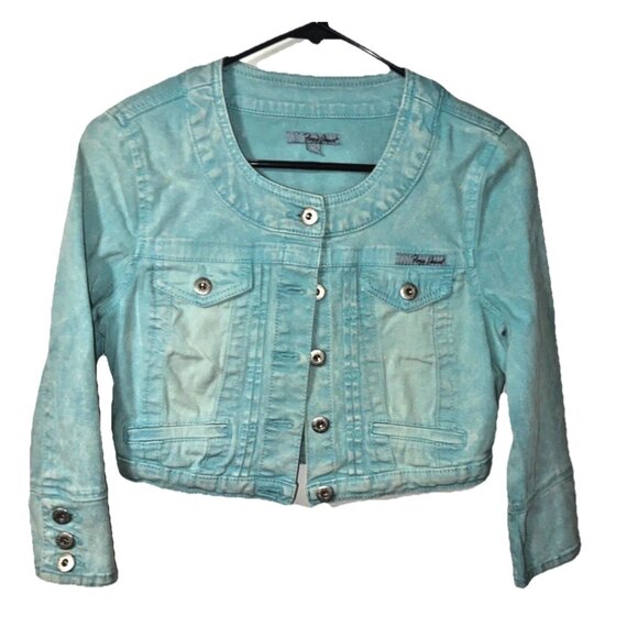 Denim Foxy Jeans Soft Turquoise Cropped Jacket Size Small - Picture 2 of 5